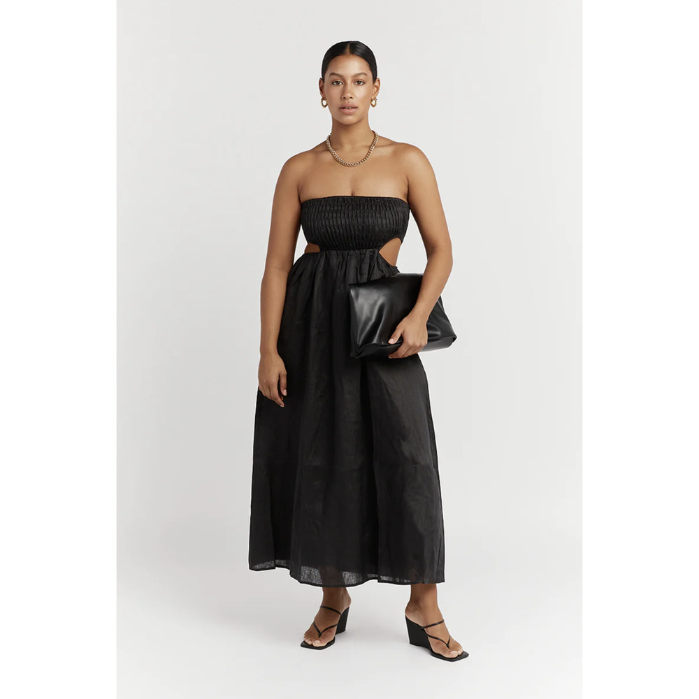 Dissh Black Nell Smocked Cutout Strapless Linen Dress Size 8/US 4